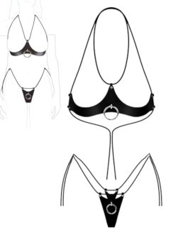 Punk Gothic Women’s Underwire Lace-Up Openwork Bra & Thong Set – Exotic Seductive Lingerie Kit with Intricate Openwork Design, Adjustable Lace-Up Details, and Sultry Leather Accents BDSM Black