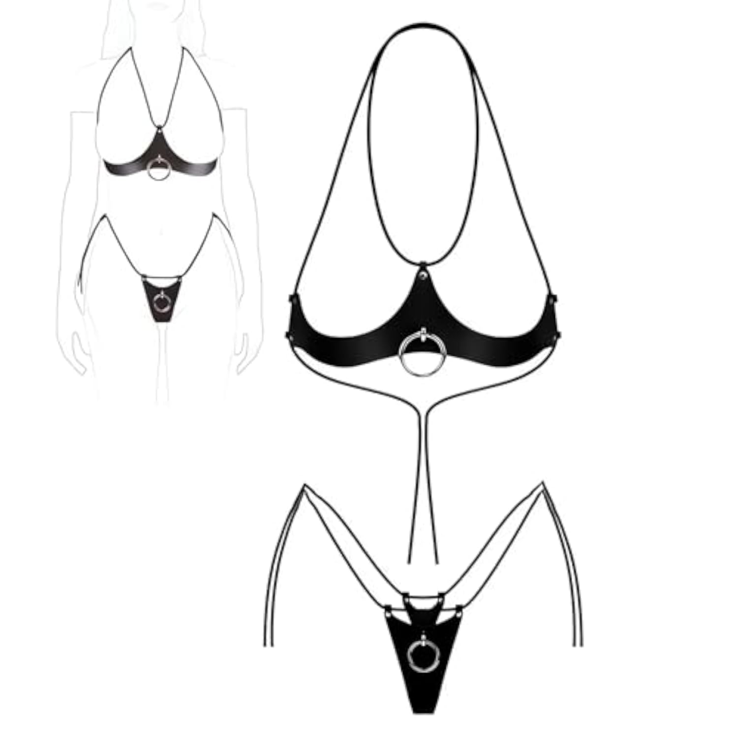 Punk Gothic Women's Underwire Lace-Up Openwork Bra & Thong Set - Exotic Seductive Lingerie Kit with Intricate Openwork Design, Adjustable Lace-Up Details, and Sultry Leather Accents BDSM Black