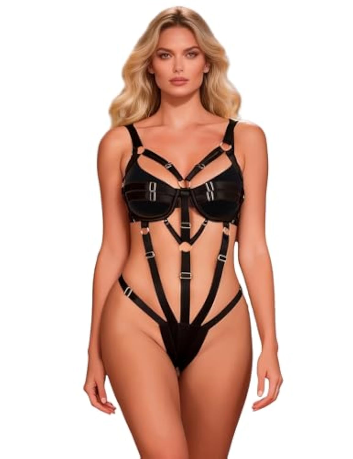 Womens Strappy Lingerie Sexy Black Bondage Bodysuit Teddy Naughty Strappy Cross Lingerie for Women
