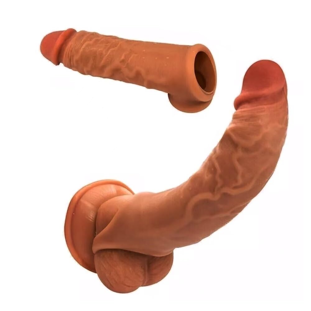 Realistic Penis Sleeve, Reusable Penis Enlargement Silicone Cock Sleeve Enlarger with Thickened Testicle Penis Ring Sex Toys for Men, Delay Ejaculation Enhance Erection Extender Male Couples Adults