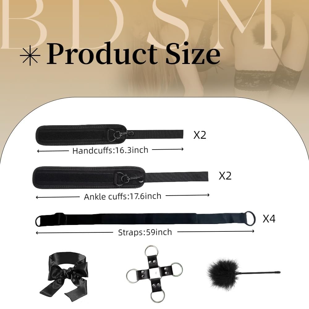 BDSM Bed Bondage Kit SM Sex Toys Restraints Set with Handcuffs Sex Straps Cuffs Blindfold & Feather Tickler, Hogtie Sex Toys Couples for Adult Men Women