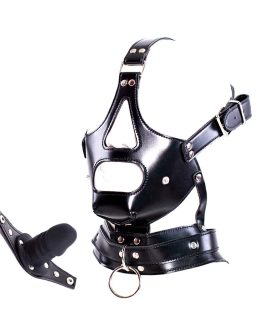 Sex Factory Leather Bondage with Detachable Silicone Dildo Mouth Gag Adjustable Head Harness BDSM Fetish Slave Restraints for Men Women Couple