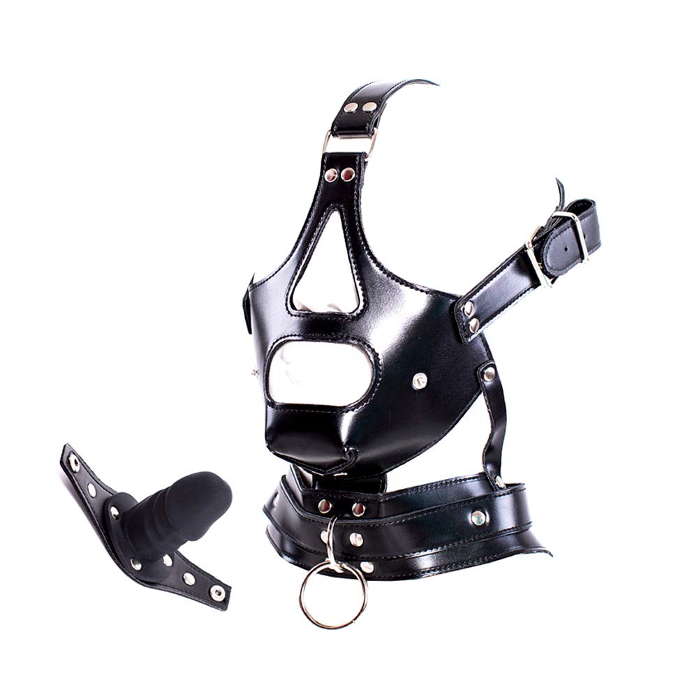 Sex Factory Leather Bondage with Detachable Silicone Dildo Mouth Gag Adjustable Head Harness BDSM Fetish Slave Restraints for Men Women Couple