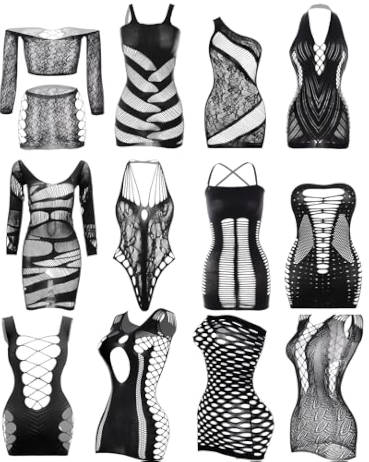 12 Pack Fishnet Lingerie Bodysuit Set for Women, Mesh Body Suit Lace Body Stockings Nightwear Outfit Cloth