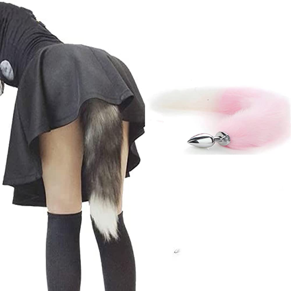 Ooiixx Butt Plug Fox Tail Cosplay Anal Plug Anal Butt Plug Adult Sex Toys for Beginner Women Men Couple (18" Pink-White)
