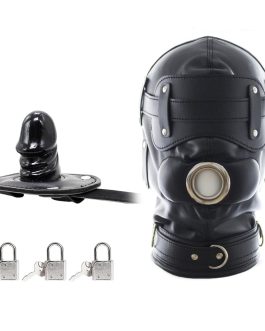 FST Black PU Leather Bondage Mask Hood, Full Face Blinder Detachable Cover Eye Dildo Mouth Gag Head Hood, for Unisex Adult Play LGBT Hood