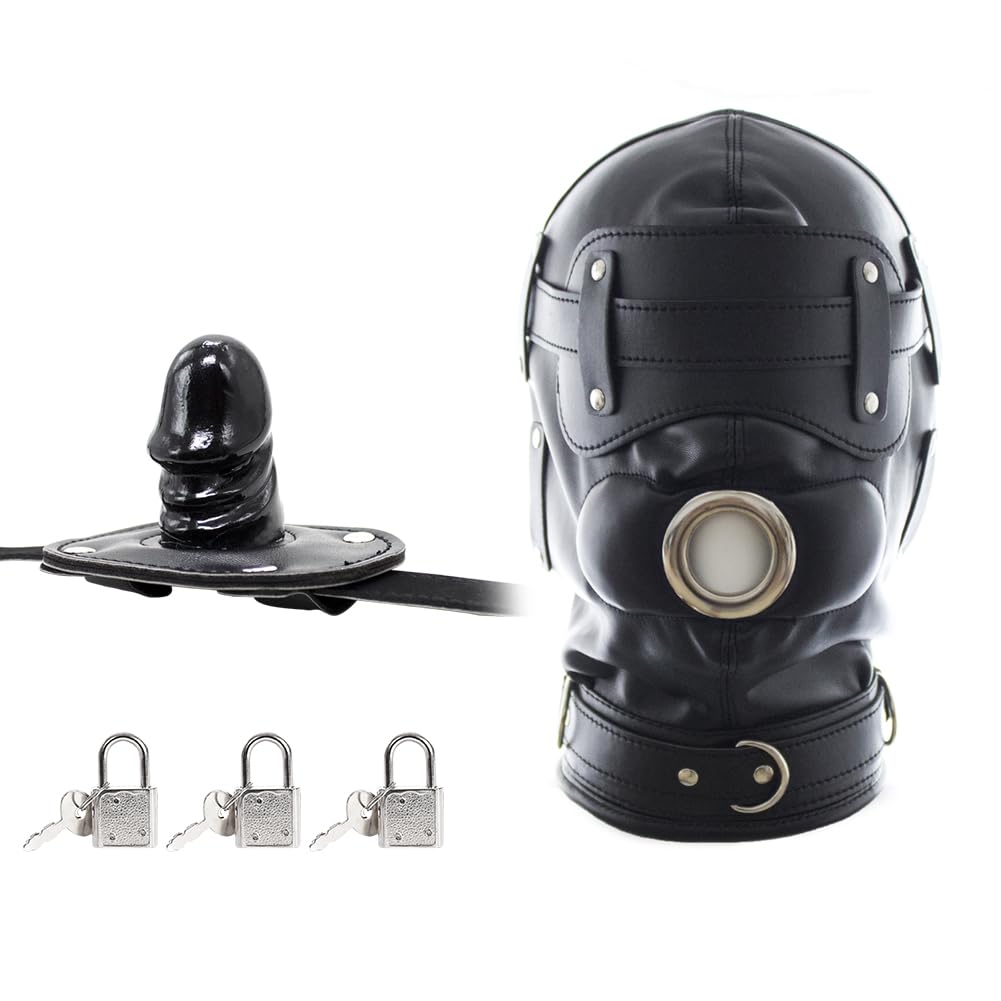 FST Black PU Leather Bondage Mask Hood, Full Face Blinder Detachable Cover Eye Dildo Mouth Gag Head Hood, for Unisex Adult Play LGBT Hood