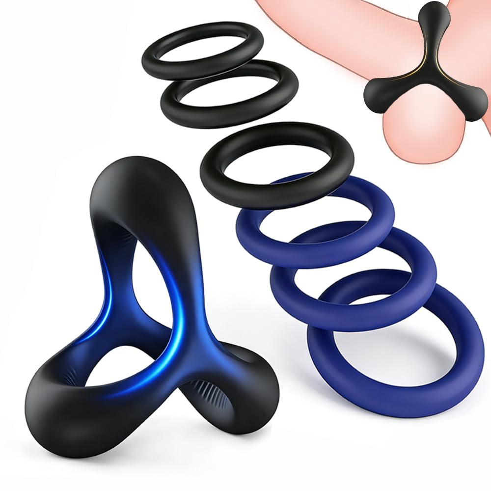 7 PCS Penis Ring Set for Men Silicone Cock Rings & Penis Sleeve for Erection Enhancing Soft Stretchy Male Sex Toys, Adult Toys for Couples Pleasure (Black&Blue)
