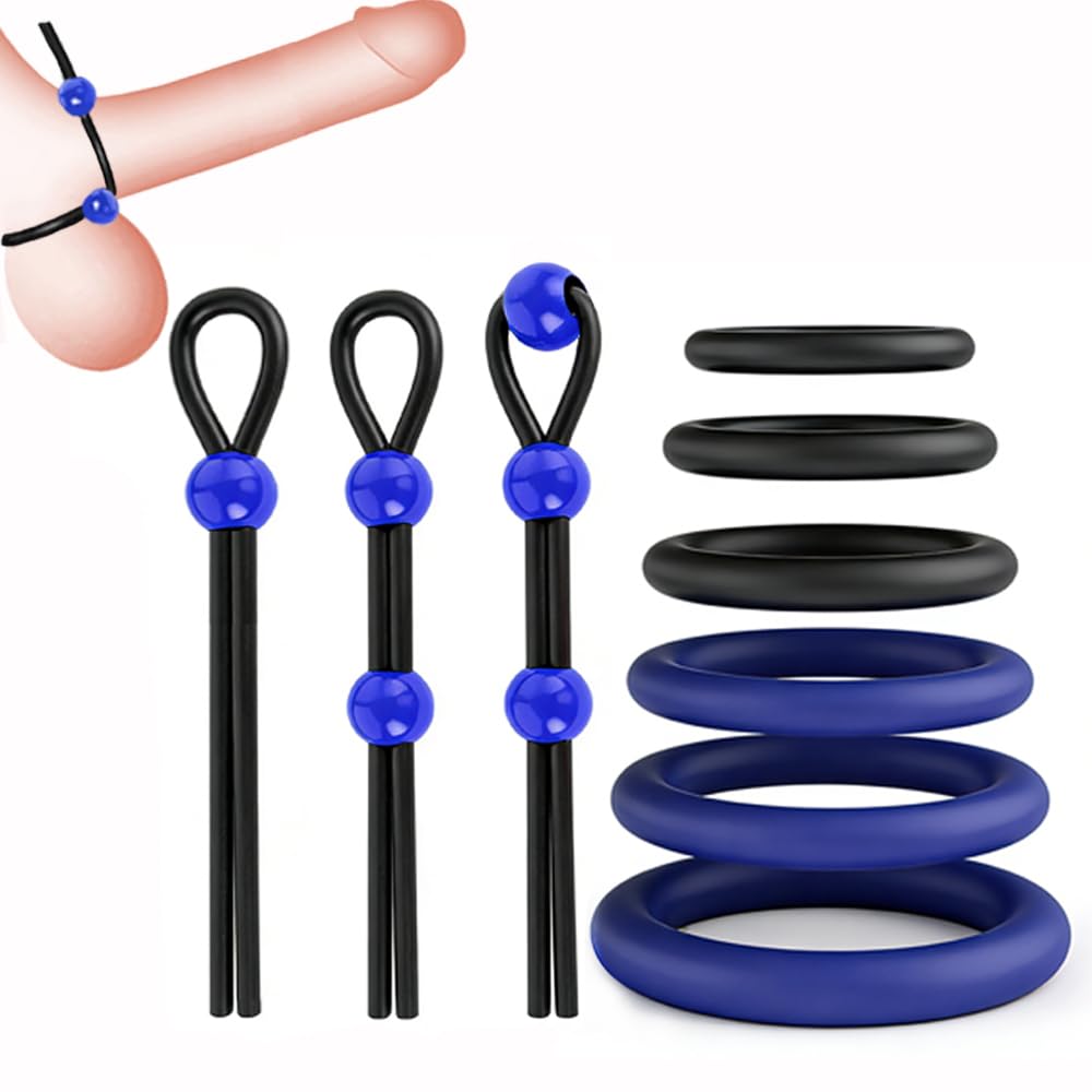Penis Ring Silicone Cock Ring Set Adjustable Cockring Sex Toys 9 PCS Cock Rings for Men Erection Long Lasting Stronger Adult Toys Cock Sexual Stimulation Device for Men or Couple (Dark Blue)