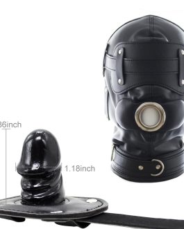 FST Black PU Leather Bondage Mask Hood, Full Face Blinder Detachable Cover Eye Dildo Mouth Gag Head Hood, for Unisex Adult Play LGBT Hood