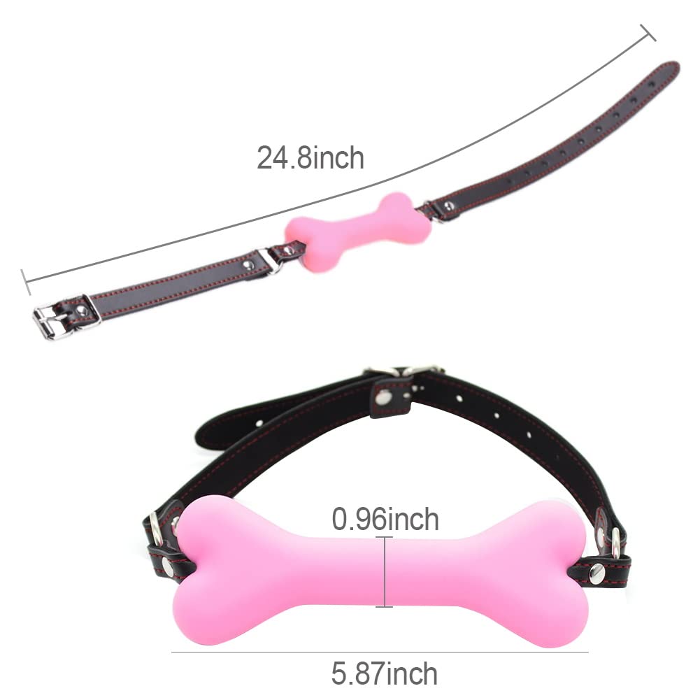 Romi Bondage Silicone Leather Dog Bones Gag Mouth Pet Bone Bite Ball Gag BDSM Fetish Slave Restraints Sex Toys (Pink)