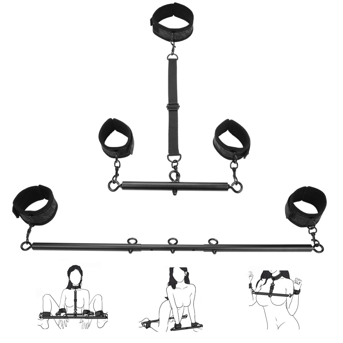 Spreader Bar Sex Toys with Wrist Ankle Neck Collar Restraint Kits Adjustable Handcuffs Collar Bondage Set BDSM for Adult Couple (Black)