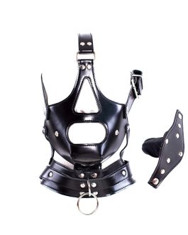 Sex Factory Leather Bondage with Detachable Silicone Dildo Mouth Gag Adjustable Head Harness BDSM Fetish Slave Restraints for Men Women Couple