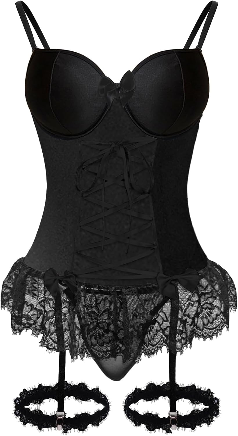 Sexy Mesh Corset Ruffle Lace Up Underwire Sheer Garter Belt Babydoll Lingerie Set With Thong 3 Piece Women