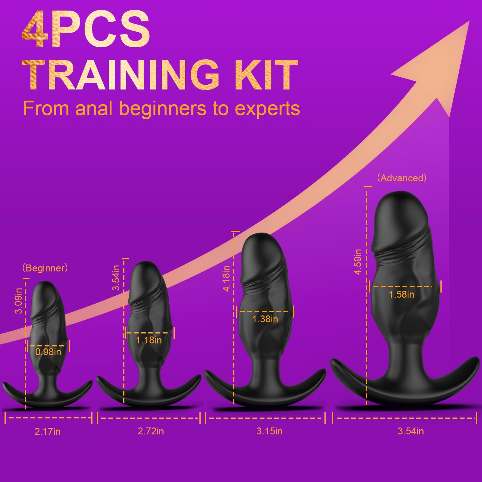 4PCS Anal Plug Set Sex Toys for Men & Women, Silicone Butt Plugs with Flared T-Bar Base for Secure Long-Term Wear, Waterproof & Odorless Training Kit for Beginners to Advanced, Easy to Clean