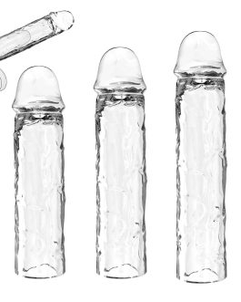 3 Size Reusable Penis Sleeve — Soft Clear Cock Sleeve & Penis Extender for Added Length & Girth, Ring-Free Secure Fit that Stays in Place, Comfortable Penis Extension for Men & Couples
