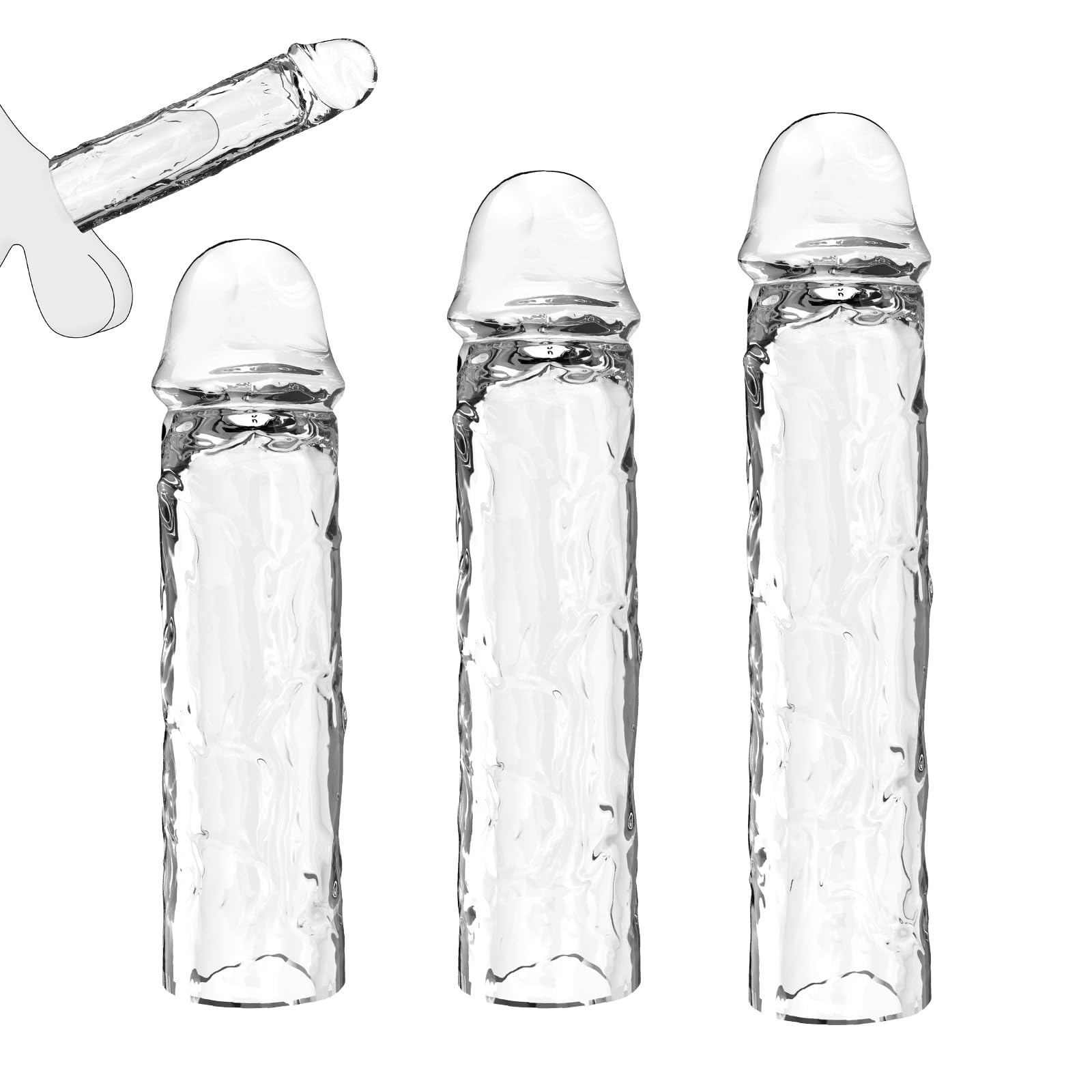 3 Size Reusable Penis Sleeve — Soft Clear Cock Sleeve & Penis Extender for Added Length & Girth, Ring-Free Secure Fit that Stays in Place, Comfortable Penis Extension for Men & Couples