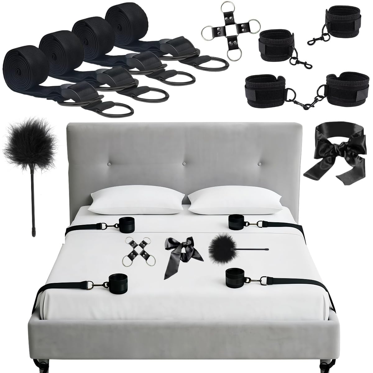 BDSM Bed Bondage Kit SM Sex Toys Restraints Set with Handcuffs Sex Straps Cuffs Blindfold & Feather Tickler, Hogtie Sex Toys Couples for Adult Men Women