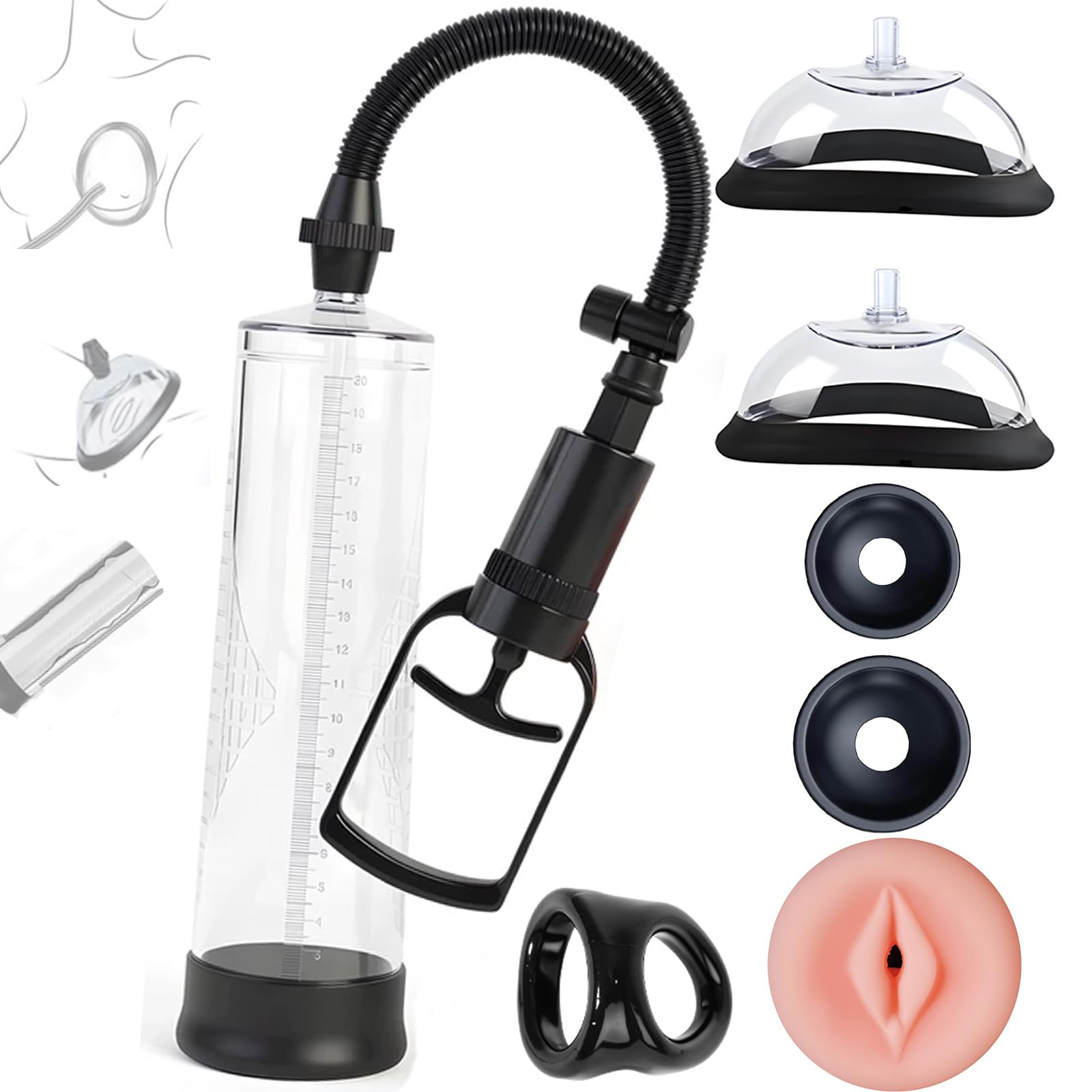 Penis Pump Pussy Pump 2 in 1 Adult Toy, Manual Vacuum Pennis Extender with Nipple & Clit Suckers, Mini Pocket Pussy& Cock Ring Kit, Male Masturbator, Couples Sex Toys - Pumps & Enlarger