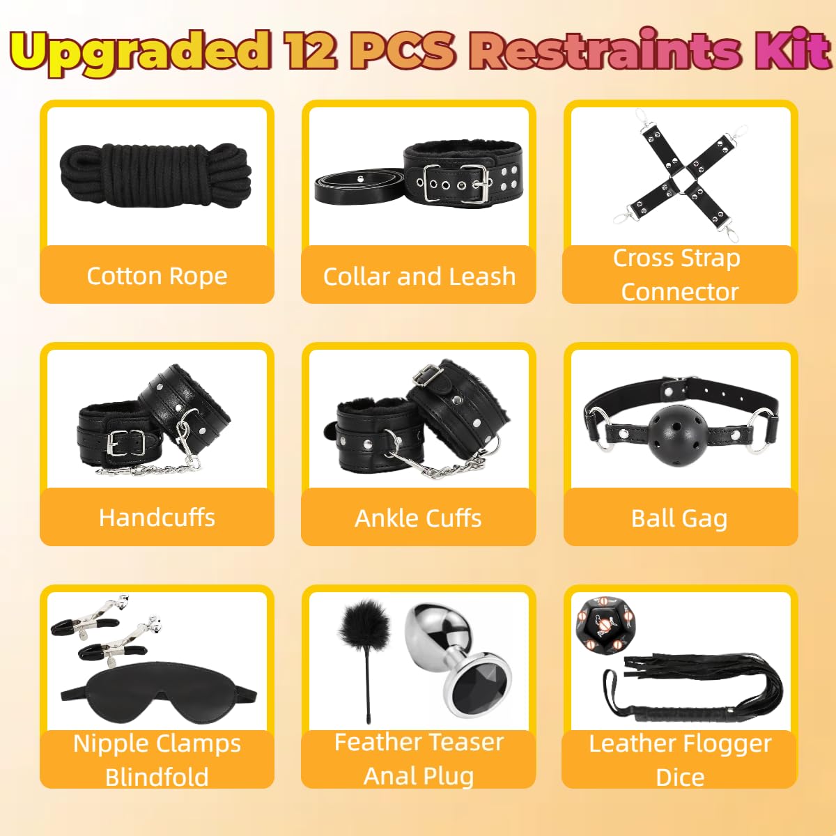 Sex Bondage Restraint Kits BDSM Toys 12 Pcs Handcuffs Ankle Cuffs Anal Plug Nipple Clamps Ball Gag Blindfold Rope Leather Restraints Set Adjustable for Adult Beginners (Black)