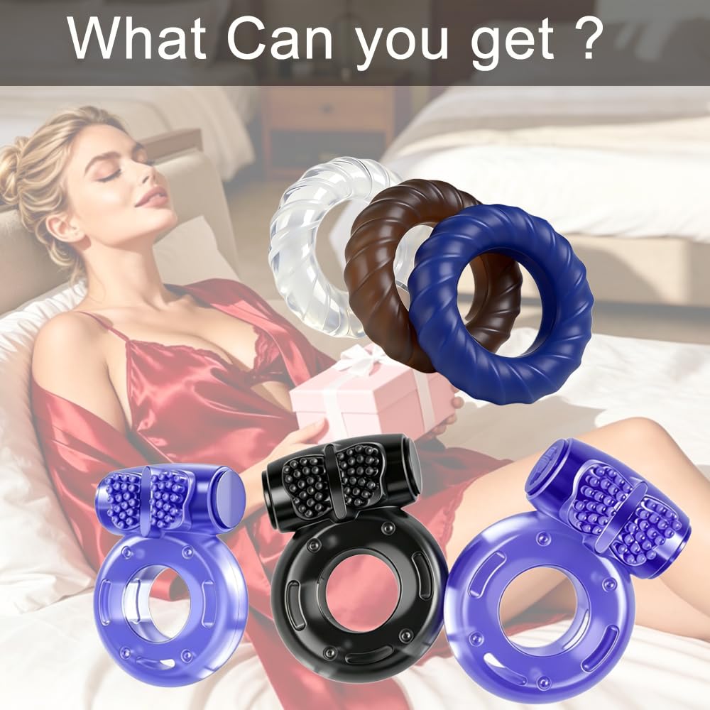 6 Pcs Vibrating Cock Ring Set Waterproof Penis Ring Sleeve Silicone Clitoral Vibrator Stimulator Erection Enhancing Long Lasting Adult Toy for Men and Couples Intimate Pleasure(Black&Sky Blue)