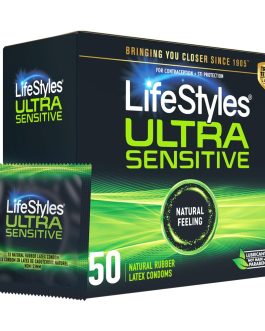 LifeStyles Ultra Sensitive Premium Lubricated Natural Latex Condoms Value Pack – 50 Count, 1 Pack – Triple Tested for Best Protection, Made with UltraGlide Silicone Lube