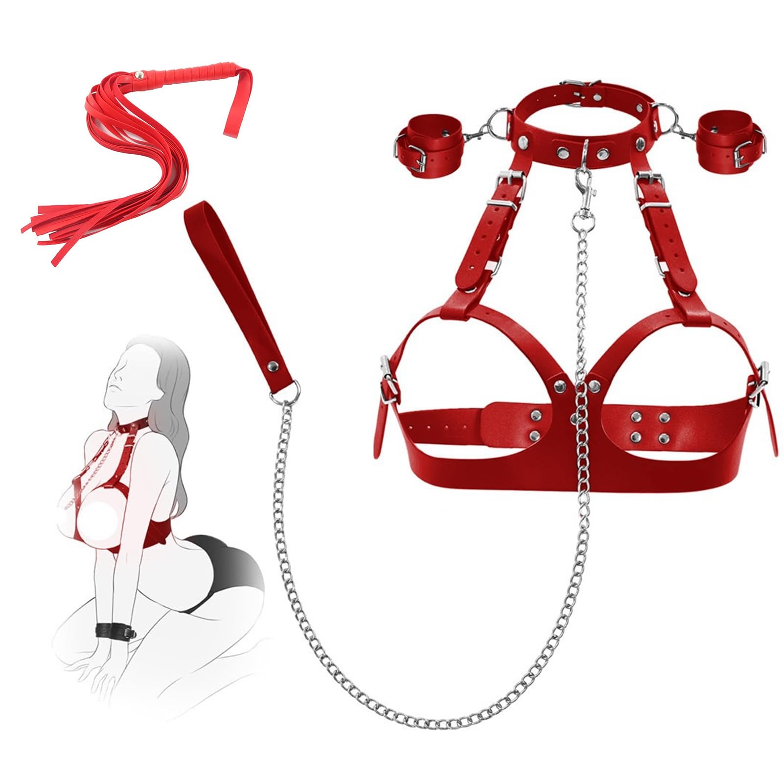 Breast Bondage Restraints Set for Couples – Adjustable Leather BDSM Harness with Handcuffs, Collar, Traction Chain & Whip – Kinky Adult Toys for Bedroom Roleplay, Fits B-E Cup (Red)