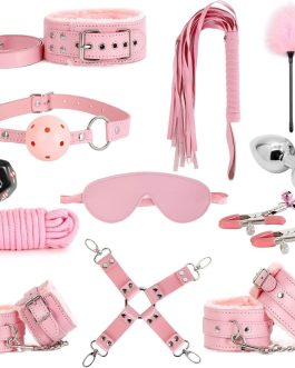 Sex Bondage Restraint Kits BDSM Toys 12 Pcs Handcuffs Ankle Cuffs Anal Plug Nipple Clamps Ball Gag Blindfold Rope Leather Restraints Set Adjustable for Adult Beginners (Pink)