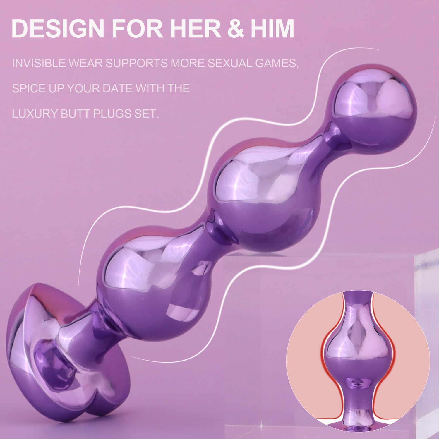 YOOMAI 3 Pcs Metal Anal Butt Plugs Adult Sex Toys,Alloy Butt Beads with Heart Shaped Base, Jewelry Design Anal Beads for Men Women and Couples,Male Prostate Massager Anal Training Set for Beginners
