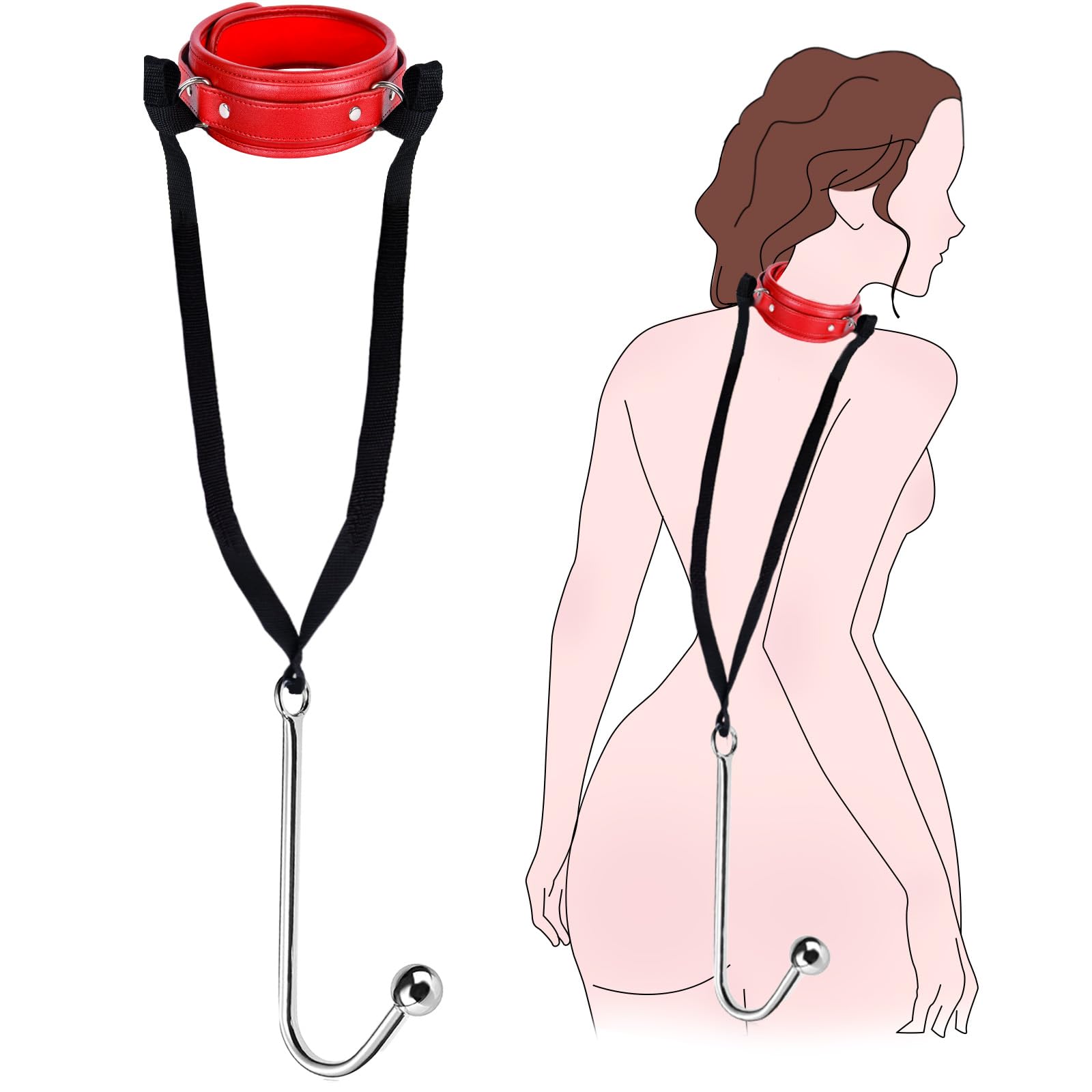 BDSM Anal Hook Sex Bondage Restraint Set with Leather Chain Leash Collar, Stainless Steel Anal Trainer Adult Sex Toys for Women and Men, Adjustable Harness SM Kit for Couple Role Play Fetish Toy