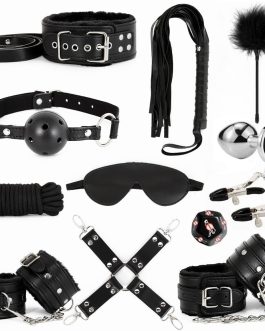 Sex Bondage Restraint Kits BDSM Toys 12 Pcs Handcuffs Ankle Cuffs Anal Plug Nipple Clamps Ball Gag Blindfold Rope Leather Restraints Set Adjustable for Adult Beginners (Black)