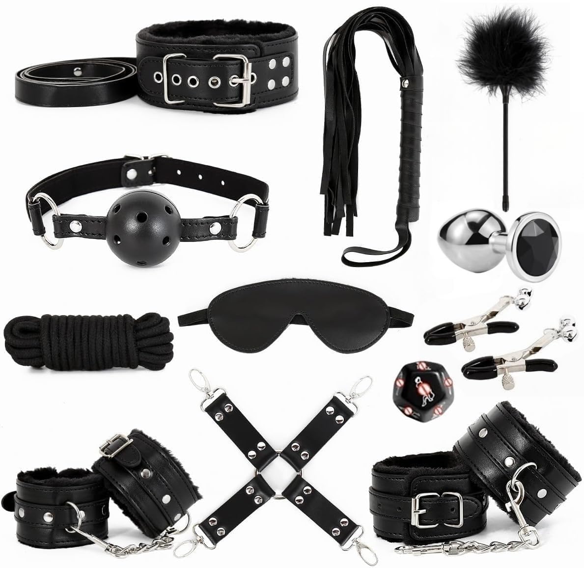 Sex Bondage Restraint Kits BDSM Toys 12 Pcs Handcuffs Ankle Cuffs Anal Plug Nipple Clamps Ball Gag Blindfold Rope Leather Restraints Set Adjustable for Adult Beginners (Black)