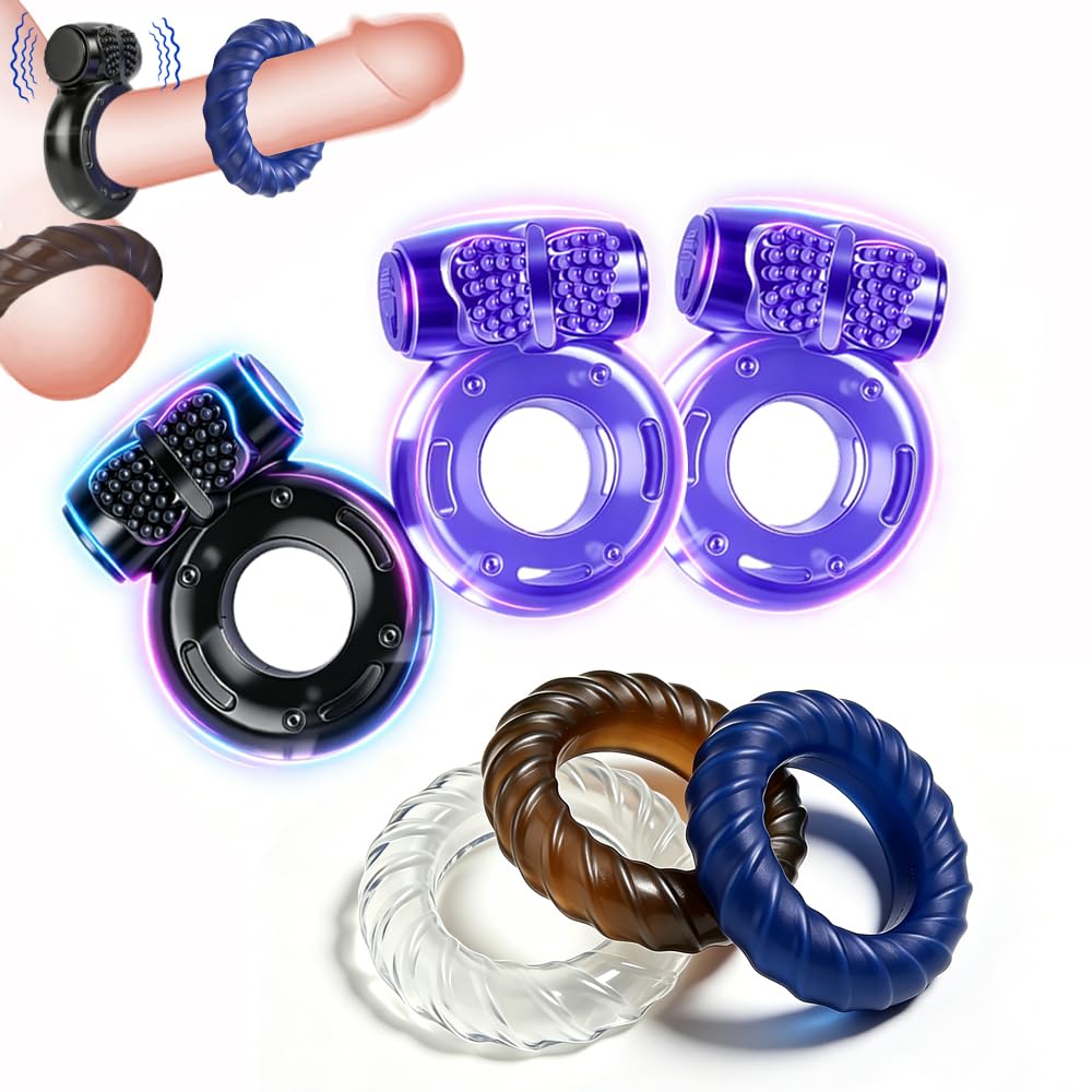 6 Pcs Vibrating Cock Ring Set Waterproof Penis Ring Sleeve Silicone Clitoral Vibrator Stimulator Erection Enhancing Long Lasting Adult Toy for Men and Couples Intimate Pleasure(Black&Sky Blue)