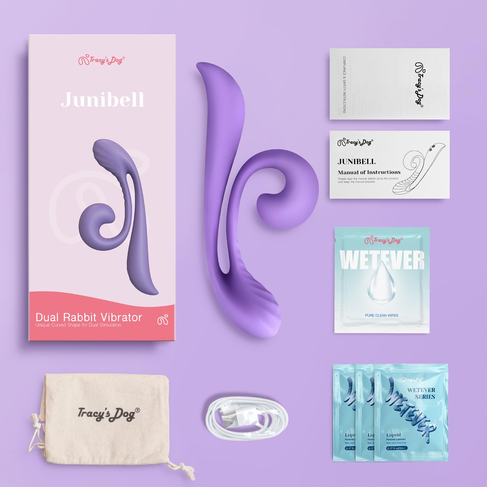 Tracy's Dog Rabbit Vibrator Sex Toys - Clitoral Kissing G Spot Vibrator for Women & Couples, Adult Toy for Dual Stimulation with 10 Vibrations, Flexible & Full Silicone Vibrating Dildo, Junibell