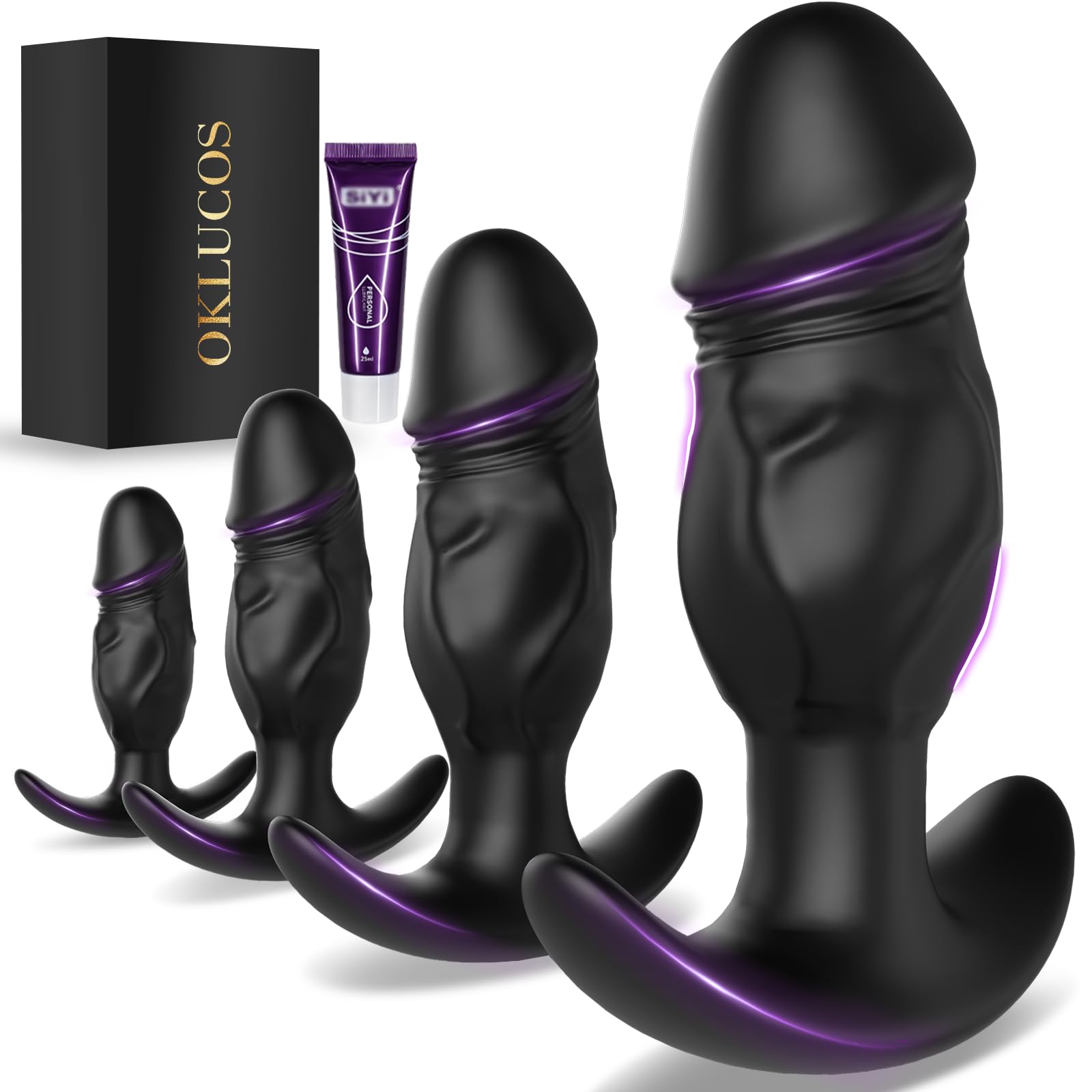 4PCS Anal Plug Set Sex Toys for Men & Women, Silicone Butt Plugs with Flared T-Bar Base for Secure Long-Term Wear, Waterproof & Odorless Training Kit for Beginners to Advanced, Easy to Clean