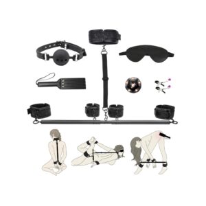 Spreader Bar BDSM Bondage Restraints Kit 11PCS Sex Toys Handcuffs Ankle Collar Cuffs Nipple Clamps Ball Gag Blindfold Paddle Dice PU Leather Lace Pattern Adjustable Adult Games for Couples
