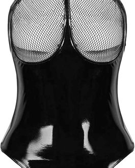 Sexy Women’s Lingerie PVC Leather Mesh Bra Wetlook Halter Neck One Piece Clubwear Teddy Bodysuit