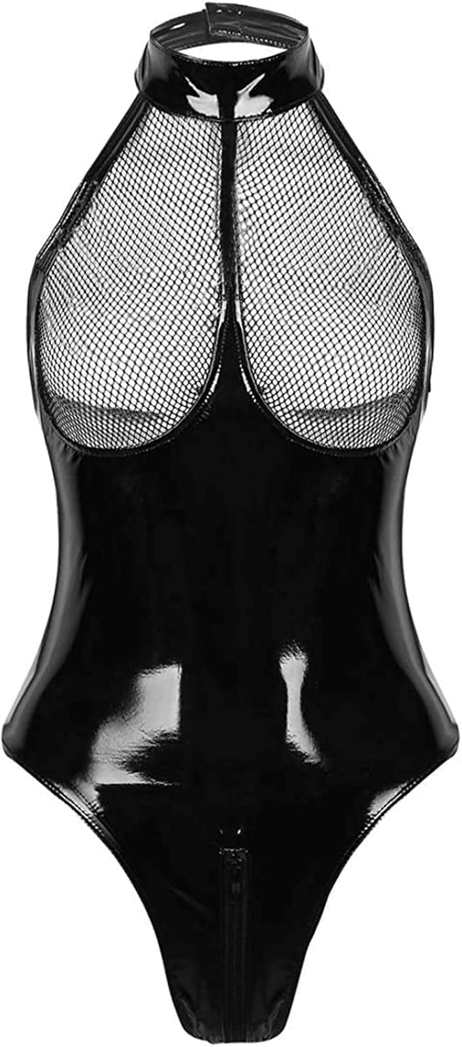 Sexy Women's Lingerie PVC Leather Mesh Bra Wetlook Halter Neck One Piece Clubwear Teddy Bodysuit