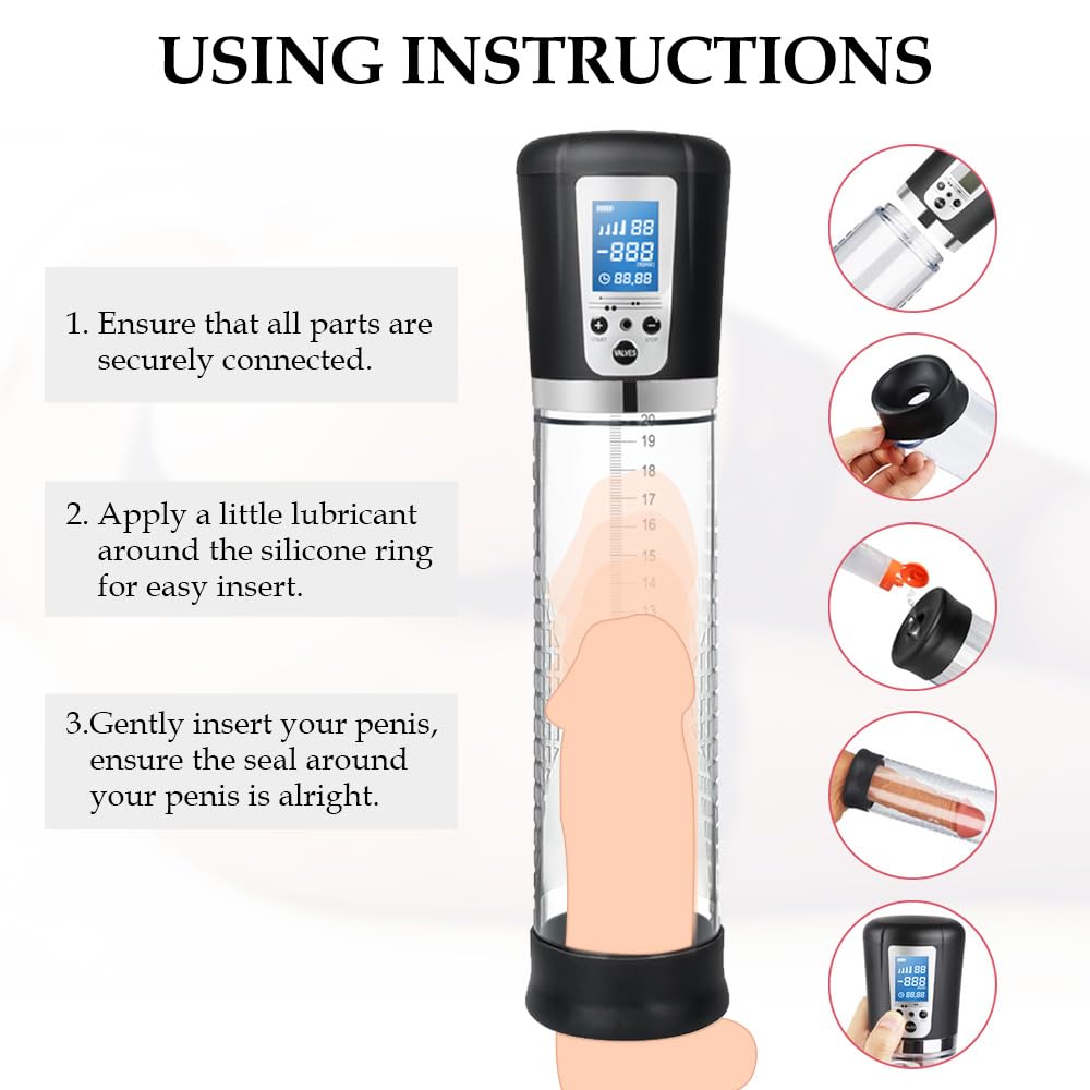 Male Penis Pump Sex Toys, Automatic Enlargers & Extend Pump for Men with LED Display, Adult Toys for Men Penis Entender Erection Pumps, Sex Toys - Pumps & Enlargers (6 Cock Rings)