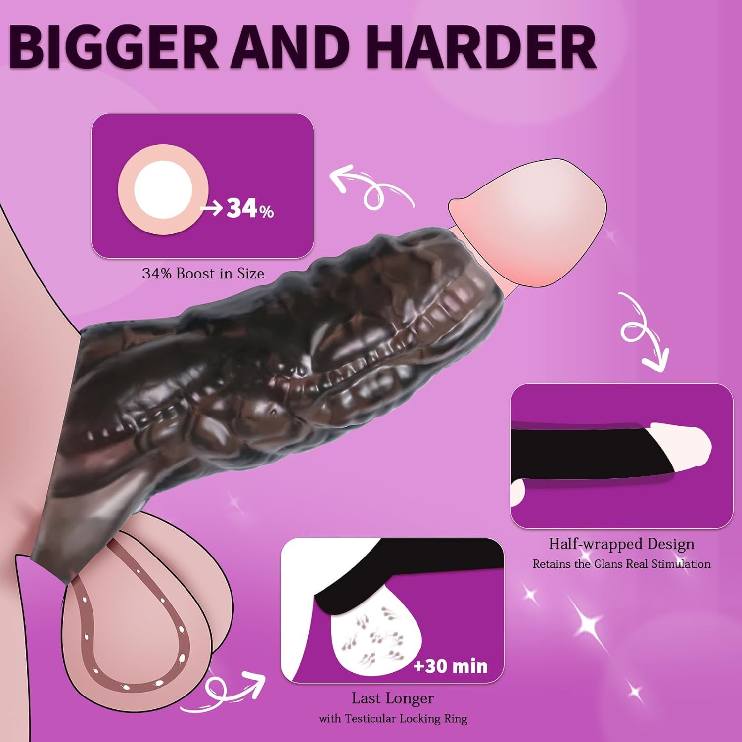 Monster Penis Sleeve with 3 Textures, Girth Enhancer for Men, Soft Silicone Cock Extender, Reusable Penis Sheath for Enlarge & Delay, Realistic Veins Sex Toys for Couples(Black)