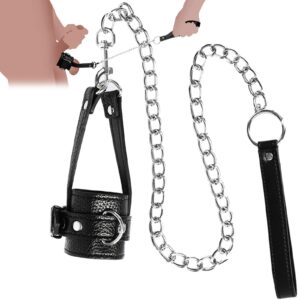 Adjustable Penis Testicle Stretcher with Chain Leash, Adjustable Cock Ring BDSM Restraint Device Male Chastity Device Sex Toys for Men Bondage Penis Ring Testicle Toys Crusher Cbt Chastity Cage