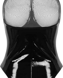 Sexy Women’s Lingerie PVC Leather Mesh Bra Wetlook Halter Neck One Piece Clubwear Teddy Bodysuit