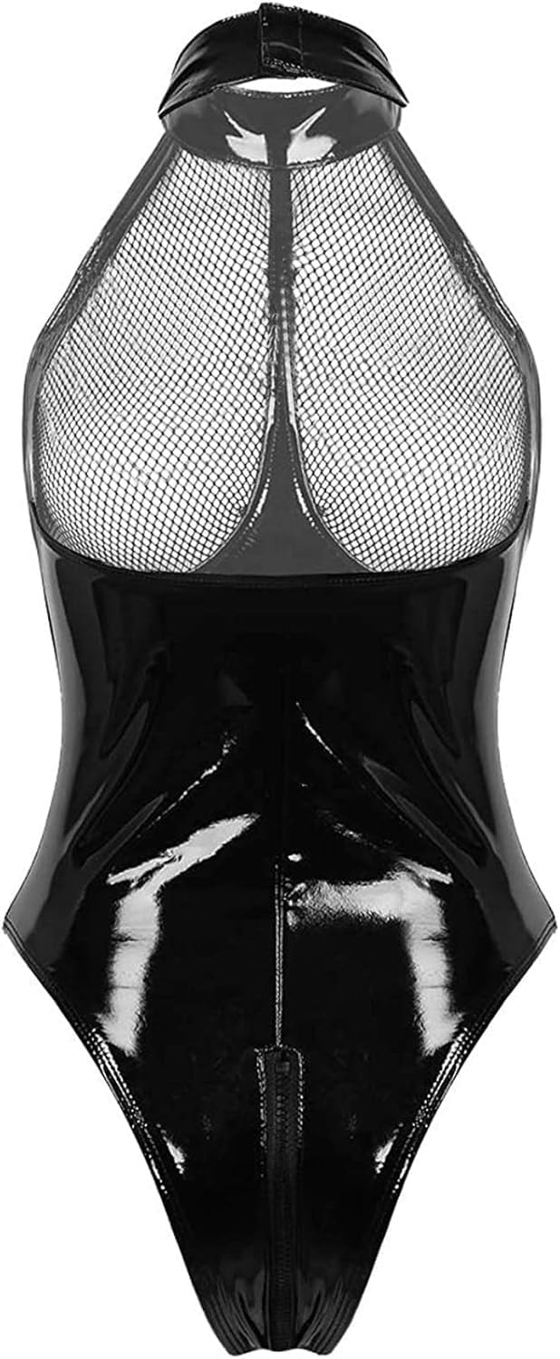 Sexy Women's Lingerie PVC Leather Mesh Bra Wetlook Halter Neck One Piece Clubwear Teddy Bodysuit