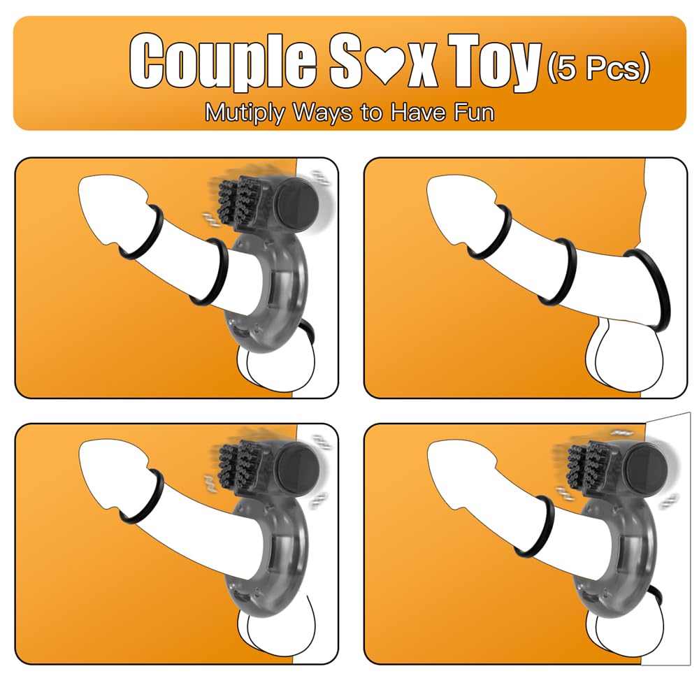 5Pcs Vibrating Cock Ring Sex Toys Penis Sleeve, Penis Rings Cockring Clitoral Vibrator Sexual Stimulator Device for Erection Enhancing Long Lasting Stronger, Adult Sex Toys for Men or Couple Pleasure