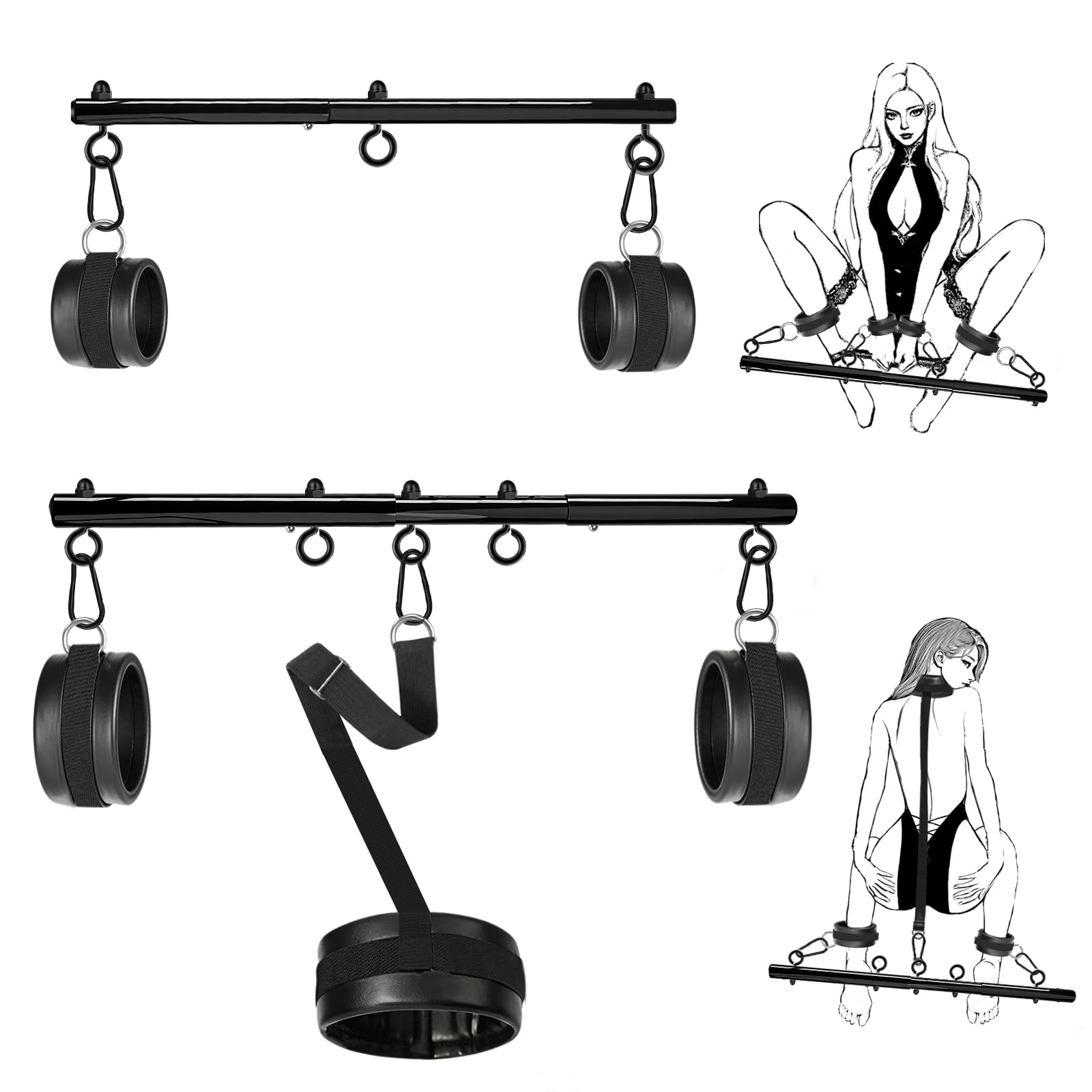 Spreader Bar Sex Toys BDSM Bondage Restraints with Leather Handcuffs Ankle Cuffs Furniture Restraints Kit Expandable Fetish Sm Games (Black)