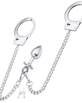 Bondage Restraint Handcuffs with Anal Plug Long Chain Handcuffs Stainless Steel Couple Handcuffs Anal Play Beginners BDSM Game Play Adult Sex Toys for Men and Women Couple