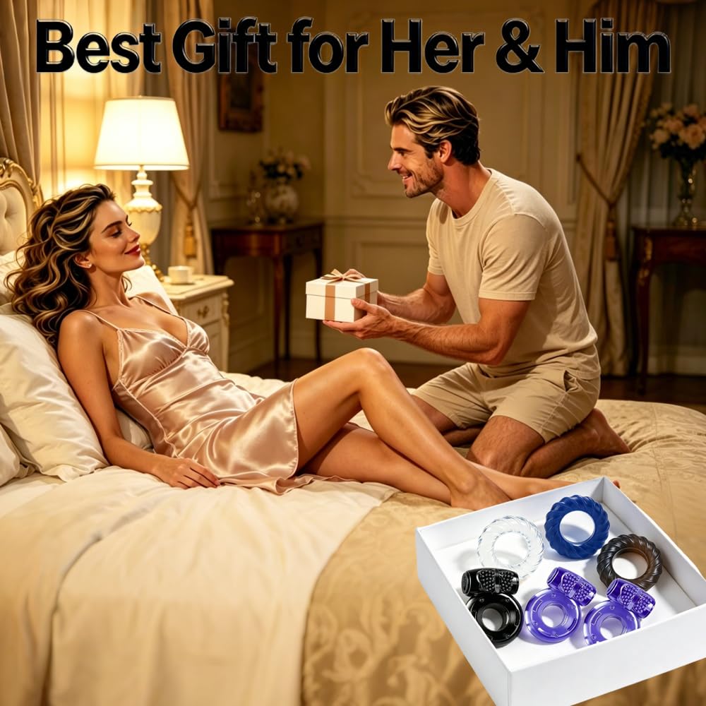 6 Pcs Vibrating Cock Ring Set Waterproof Penis Ring Sleeve Silicone Clitoral Vibrator Stimulator Erection Enhancing Long Lasting Adult Toy for Men and Couples Intimate Pleasure(Black&Sky Blue)