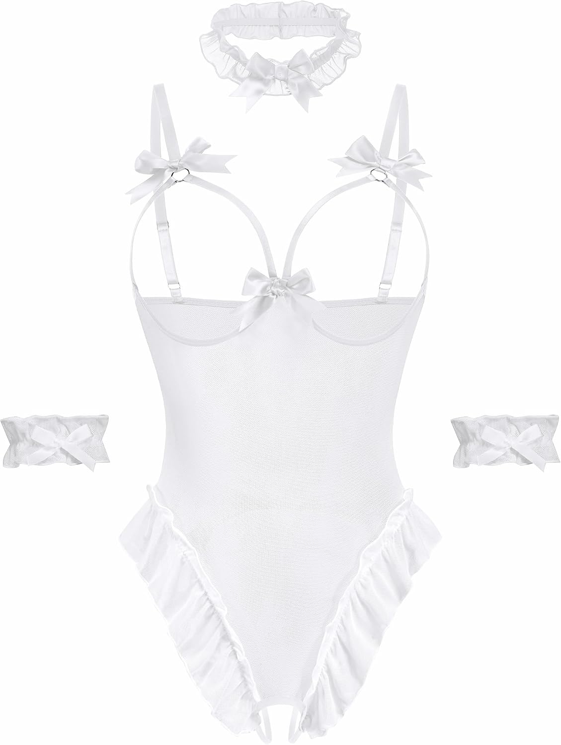 Avidlove Womens Lingerie Bodysuit 4 Piece Set Sheer Mesh Teddy Babydoll with Detachable Collar and Wrist Cuffs