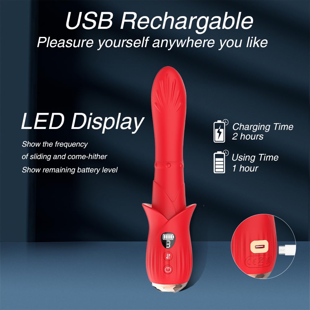 Thrusting Dildo, LED Display G Spot Vibrator with 9 Vibrating, Come-Hither and Up-Down Sliding Modes, Sex Toys Women, Rose Vibrator Wand Clitoral Stimulation