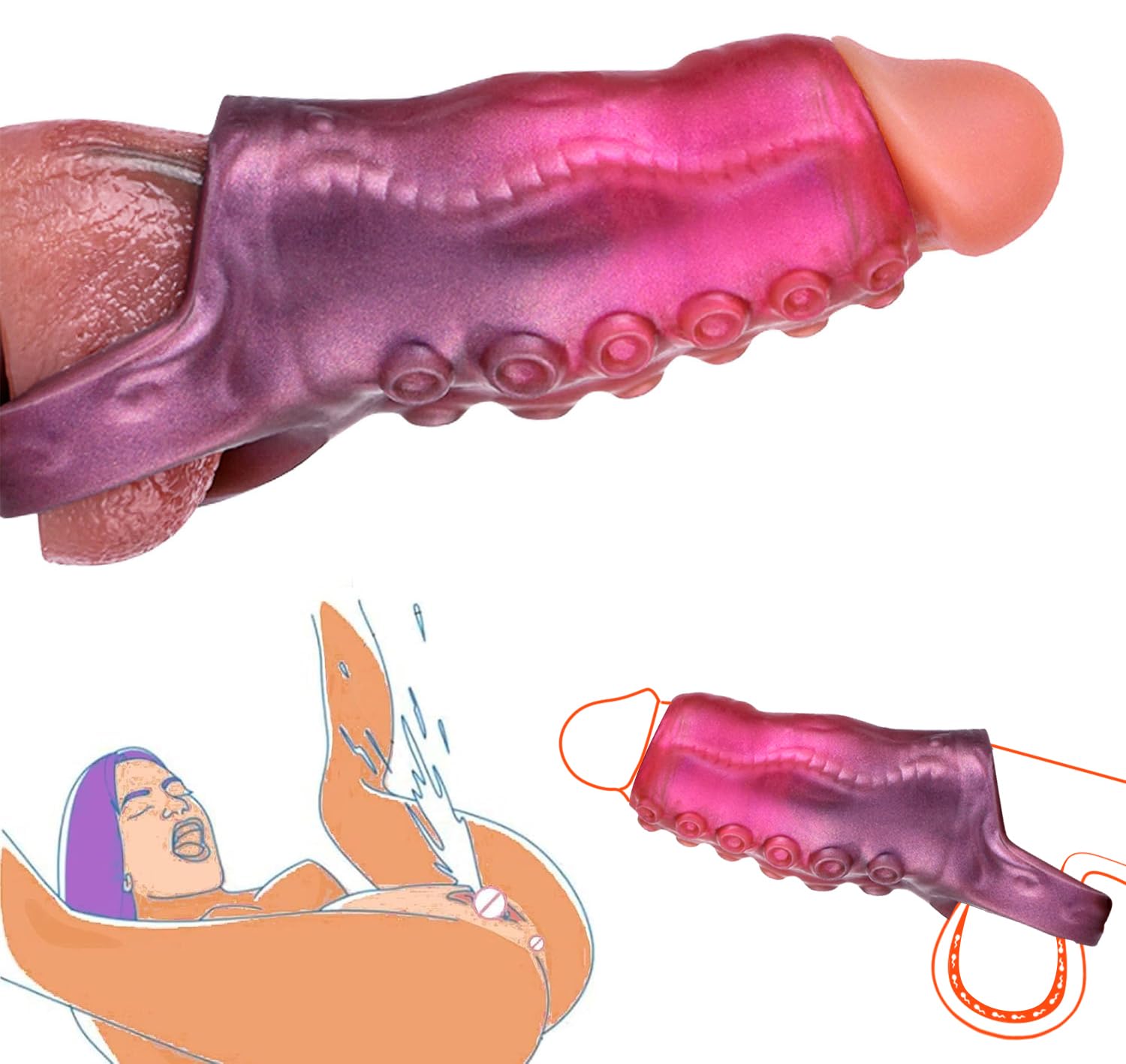 Monster Penis Sleeve Cock Sleeve with Penis Ring, Reusable Penis Extender Male Sex Toys Enhance Male Endurance, Elastic Silicone Penis Pump to Enlarge Prolong for Men & Couples,Red